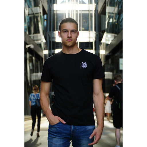 Alpha Wolfe unisex fitted t-shirt with embroidered white wolf logo on stretch cotton fabric