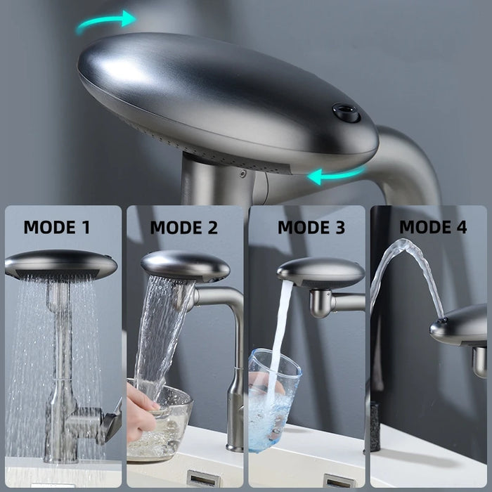 Waterfall Basin Mixer Tap | 4-Mode 360° Swivel Sprayer – Hot & Cold Brass Faucet (Deck-Mounted) - Samanta Factory
