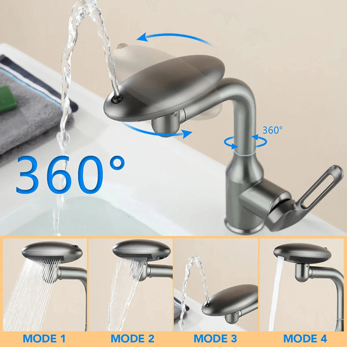 Waterfall Basin Mixer Tap | 4-Mode 360° Swivel Sprayer – Hot & Cold Brass Faucet (Deck-Mounted) - Samanta Factory