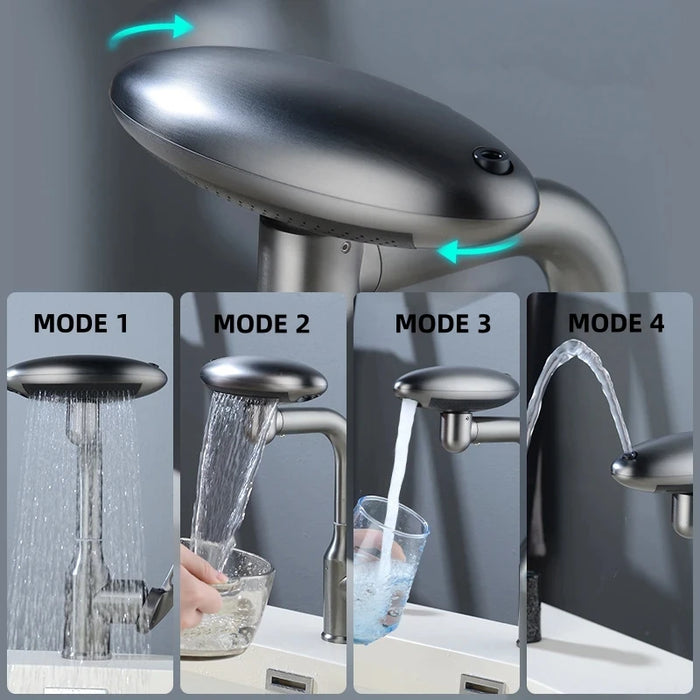 Waterfall Basin Mixer Tap | 4-Mode 360° Swivel Sprayer – Hot & Cold Brass Faucet (Deck-Mounted) - Samanta Factory