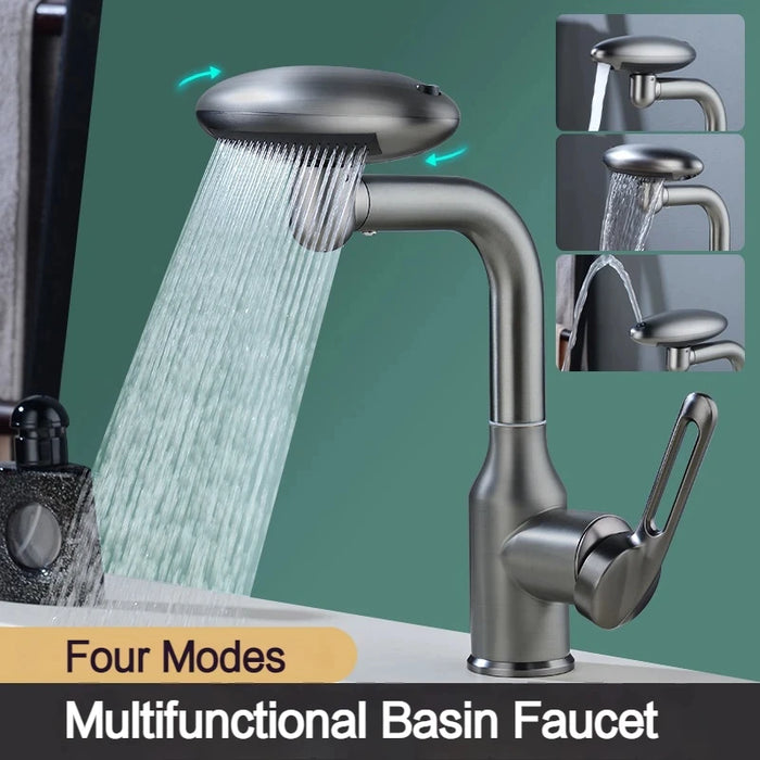 "Modern waterfall basin faucet with 4 spray modes – chrome finish"
