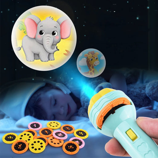 Colorful children’s flashlight projector toy with image slides for educational bedtime fun