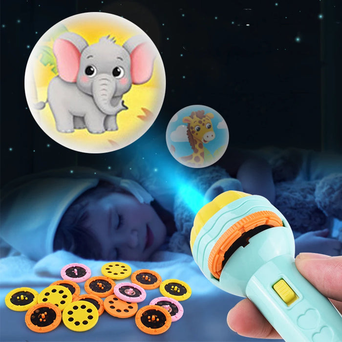 Colorful children’s flashlight projector toy with image slides for educational bedtime fun