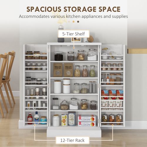 HOMCOM Kitchen Cupboard with Double Doors, 5-Tier Shelf, 12 Spice Racks, White - Samanta Factory