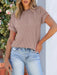 Woman wearing a round neck short sleeve t-shirt with exposed seams in a casual setting