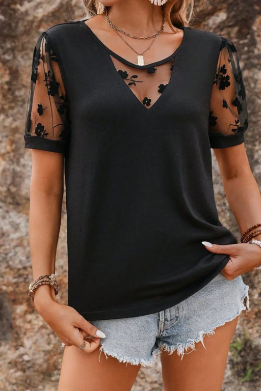 Lace Patchwork Crew Neck Top featuring delicate lace detailing and a semi-sheer design, ideal for casual and stylish looks.