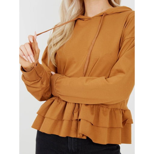Women's Layered Frill Hem Hooded Top with Adjustable Drawstring