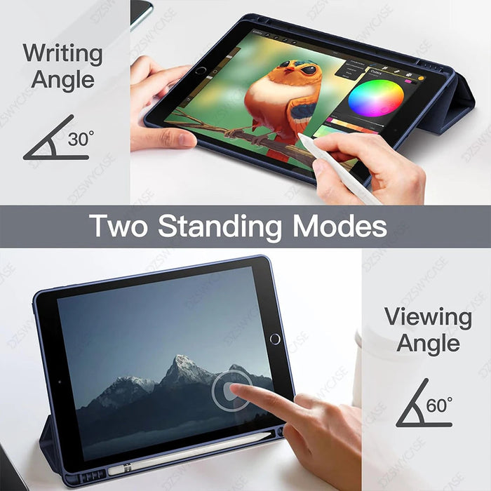 iPad 10.2" Case with Pencil Holder – Trifold Stand Clear Back Auto Sleep/Wake Cover SF