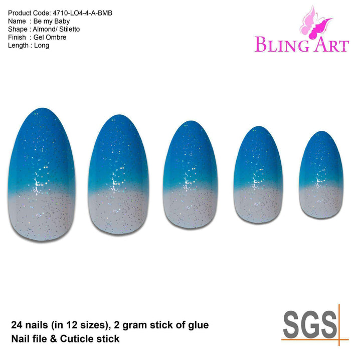 False Nails by Bling Art Blue Gel Glitter 24 Almond Stiletto Long Fake - Samanta Factory