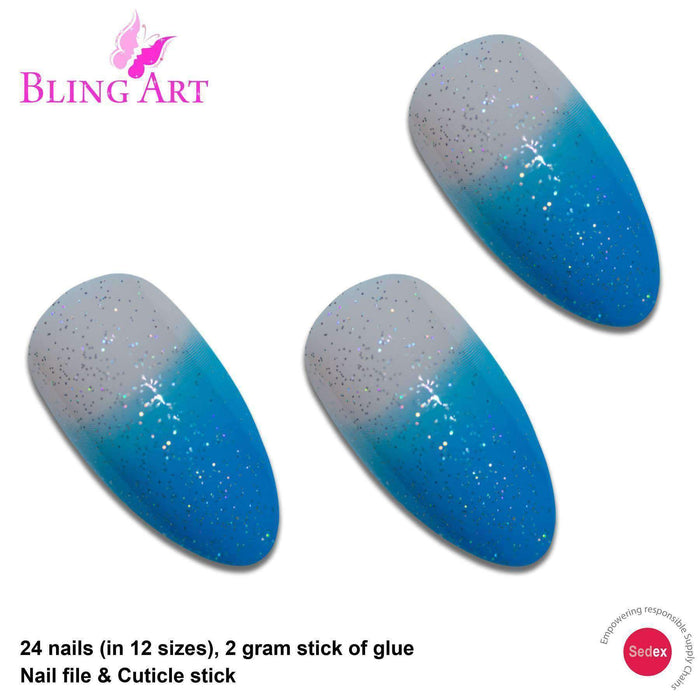 False Nails by Bling Art Blue Gel Glitter 24 Almond Stiletto Long Fake - Samanta Factory