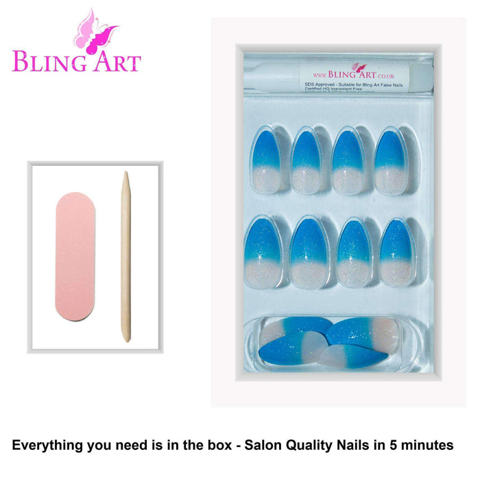 False Nails by Bling Art Blue Gel Glitter 24 Almond Stiletto Long Fake - Samanta Factory