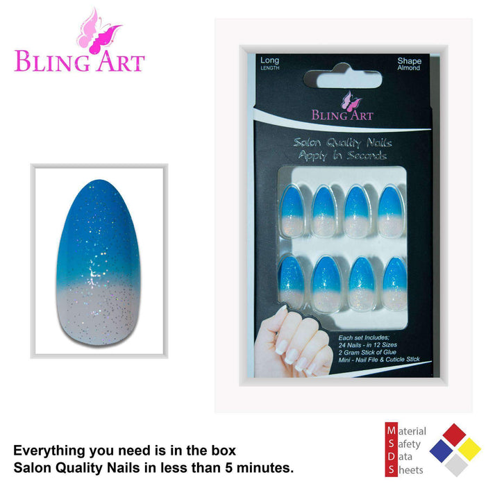 False Nails by Bling Art Blue Gel Glitter 24 Almond Stiletto Long Fake - Samanta Factory