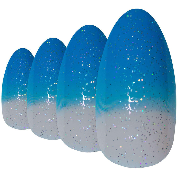 False Nails by Bling Art Blue Gel Glitter 24 Almond Stiletto Long Fake - Samanta Factory