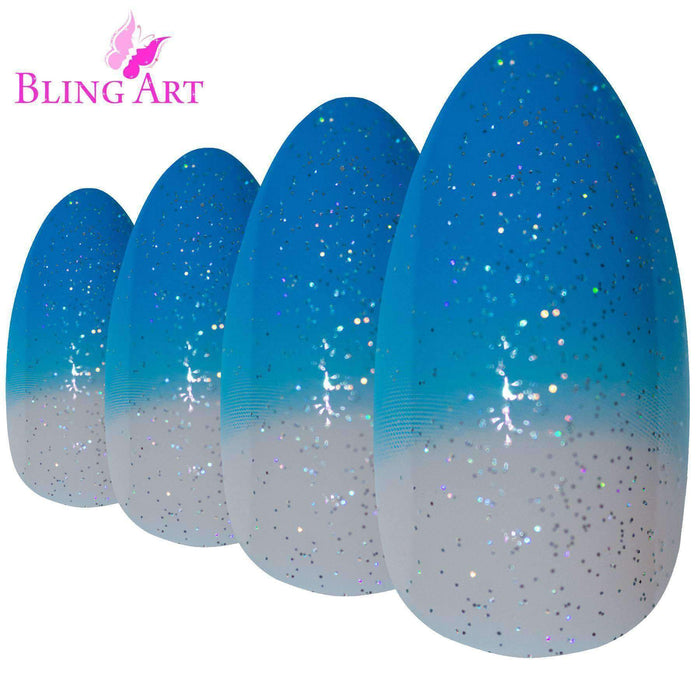 False Nails by Bling Art Blue Gel Glitter 24 Almond Stiletto Long Fake - Samanta Factory