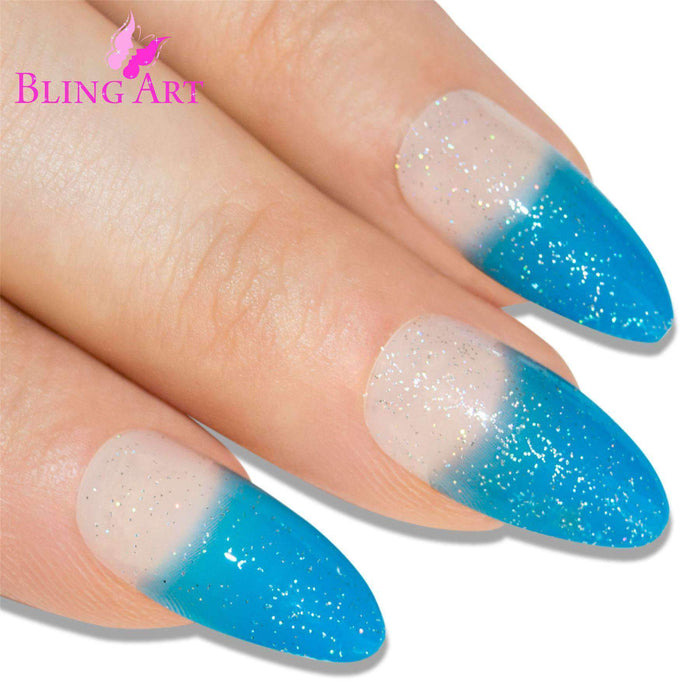 False Nails by Bling Art Blue Gel Glitter 24 Almond Stiletto Long Fake - Samanta Factory