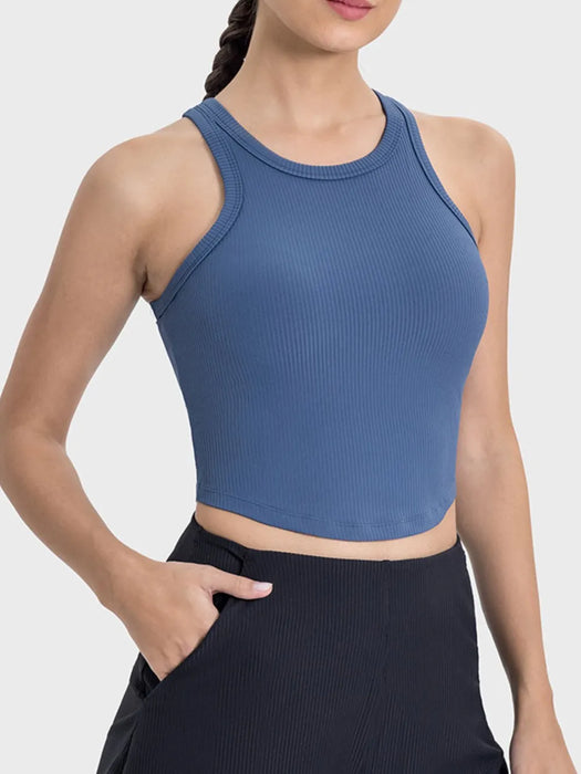 Soft and comfortable nylon-spandex top with moderate stretch and opaque fabric.
