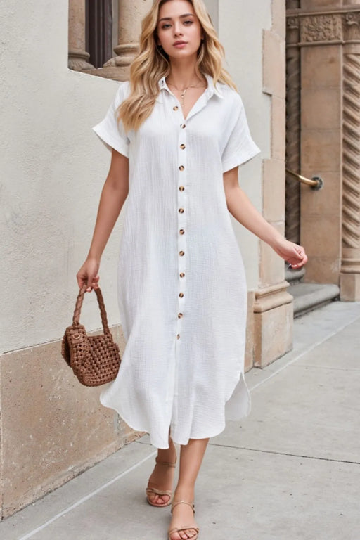 Button down short sleeve midi shirt dress with slit – opaque polyester summer dress for women UK