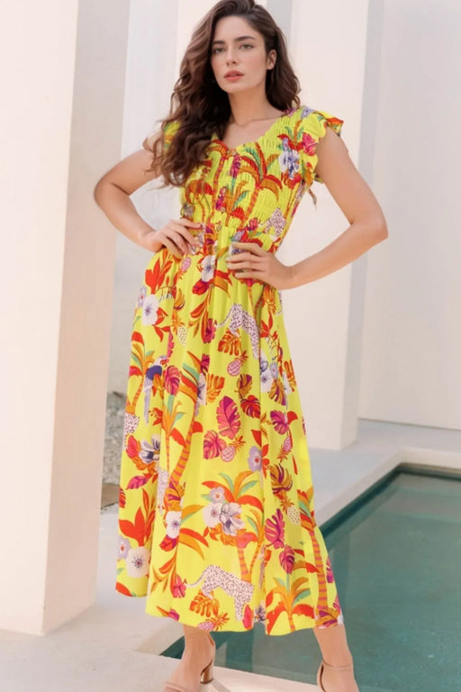 Ruffled maxi dress with smocked top and flowy design in UK sizes