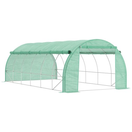 Large green polytunnel greenhouse with steel frame and mesh windows for garden use