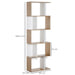Modern 5-tier S-shape bookcase with staggered shelves holding books and decorative items in a living room setting