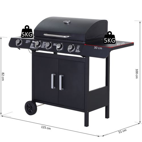 4+1 Gas BBQ Grill – Stainless Steel Burners with Side Burner & Storage for Outdoor Cooking