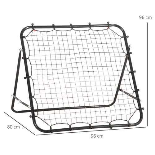 Black rebounder net trainer with steel frame and PE mesh, adjustable kickback angle for solo sports drills at home