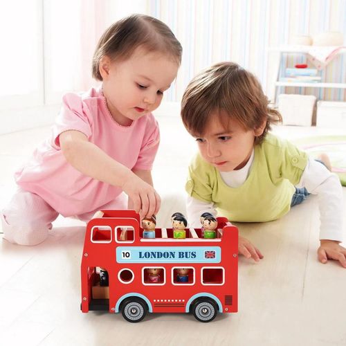 Wooden London Bus Toy – Double Decker Playset with Passengers & Driver - Samanta Factory