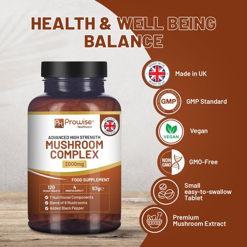 Vegan mushroom complex supplement with 6-mushroom blend for immune and brain support – 120 tablets

