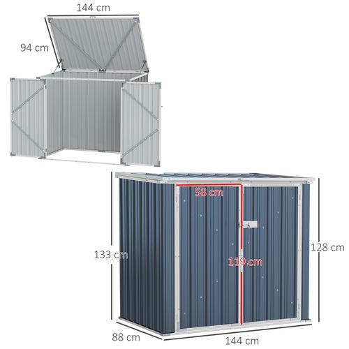 Outdoor double wheelie bin storage shed with lift-up lid, front doors and air vents


