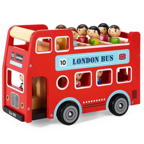 Wooden London double decker bus toy with driver and passengers for pretend play

