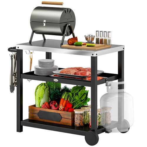 Outdoor stainless steel BBQ prep trolley with storage shelves and wheels

