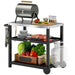 Outdoor stainless steel BBQ prep trolley with storage shelves and wheels

