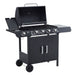 4+1 gas BBQ grill with stainless steel burners, side burner, lid, and storage cabinet for outdoor cooking

