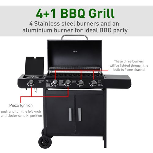 4+1 Gas BBQ Grill – Stainless Steel Burners with Side Burner & Storage for Outdoor Cooking
