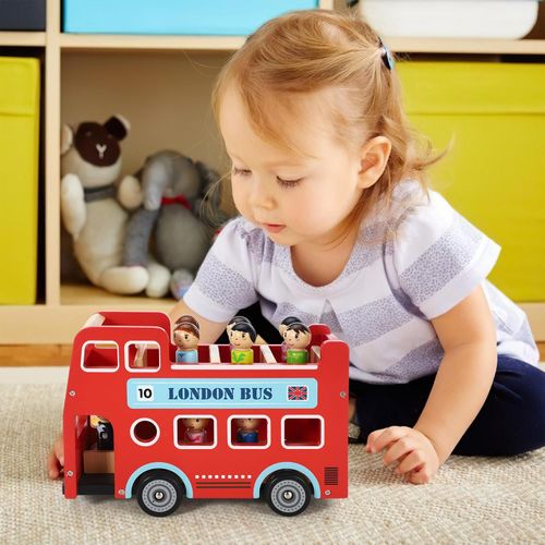 Wooden London Bus Toy – Double Decker Playset with Passengers & Driver - Samanta Factory