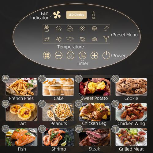 Compact digital air fryer with LED controls and 12 preset cooking functions

