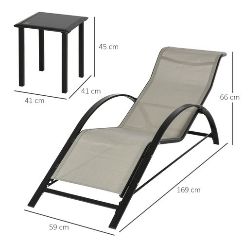 Three-piece reclining garden chair set with mesh seats and a glass-top side table on patio