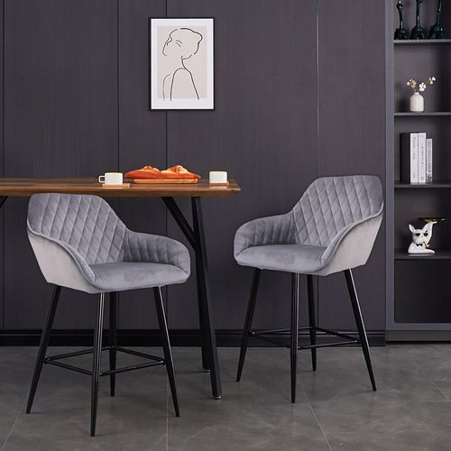 Velvet Bar Stools Set of 2 – Diamond Quilted Design with Arm & Foot Rests