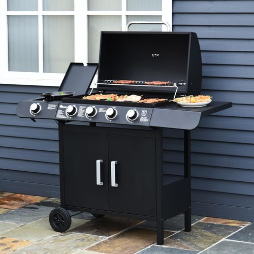 4+1 Gas BBQ Grill – Stainless Steel Burners with Side Burner & Storage for Outdoor Cooking