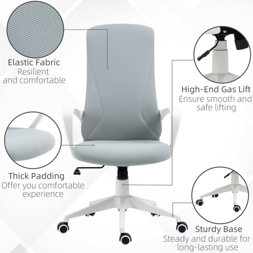 Ergonomic grey-green office chair with adjustable height, breathable fabric, and 360° swivel wheels in a modern home office setting.

