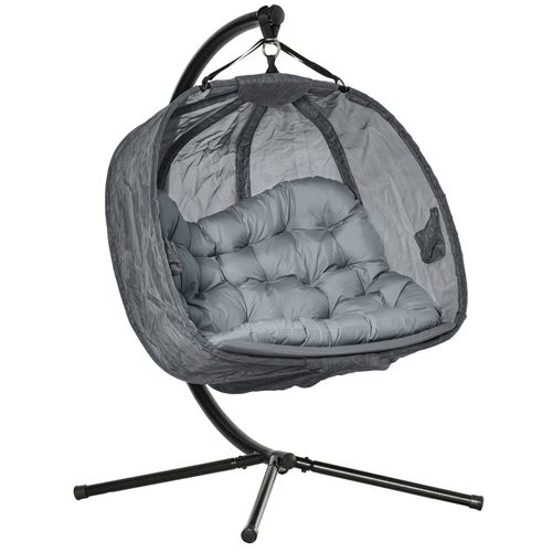 Two-seater egg swing chair with padded cushion and foldable basket on a steel frame