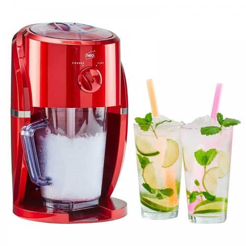 Retro red ice crusher with fine and coarse settings, automatic stirrer, and BPA-free jug for slushies and cocktails.