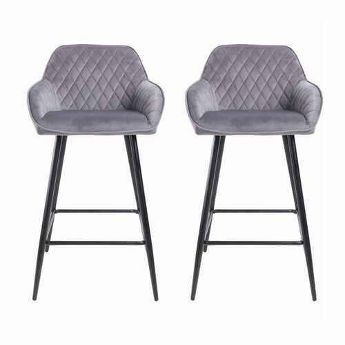 Set of 2 Crushed Velvet Bar Stools with Diamond Quilted Design and Black Metal Legs