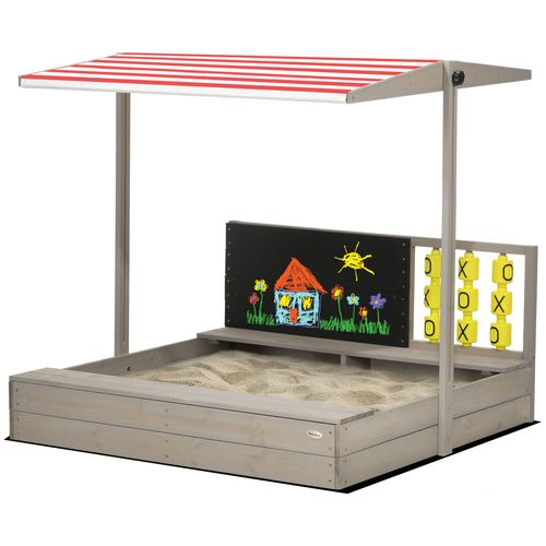 Garden sandbox with adjustable canopy, seating for kids, chalkboard, and tic-tac-toe game in a backyard