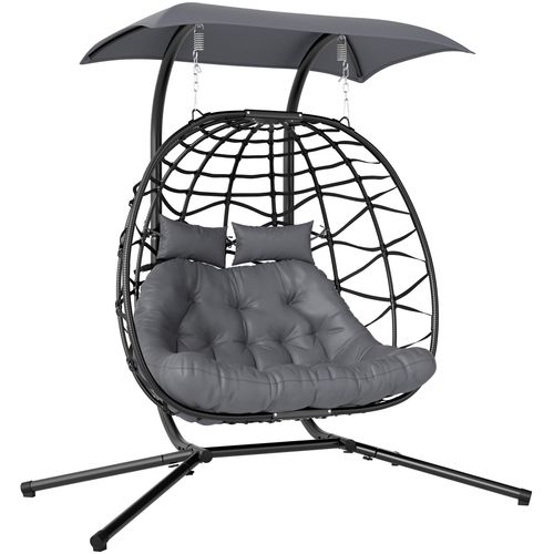 Double rattan swing chair with canopy, cushions, and steel frame for outdoor garden or patio use


