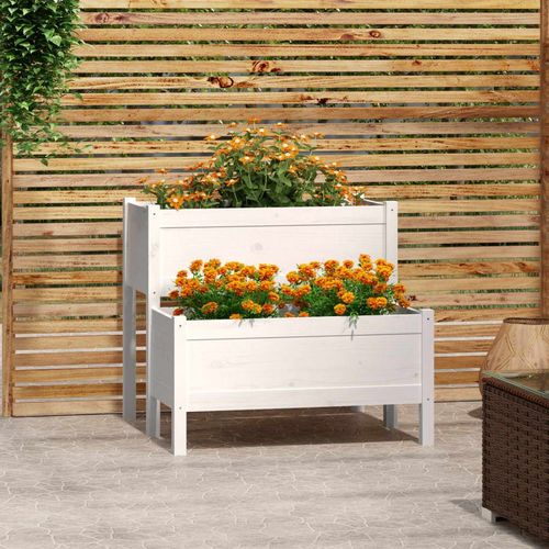 White 2-tier wooden planter with solid pine frame and dual flower boxes – compact raised bed for balcony or patio UK