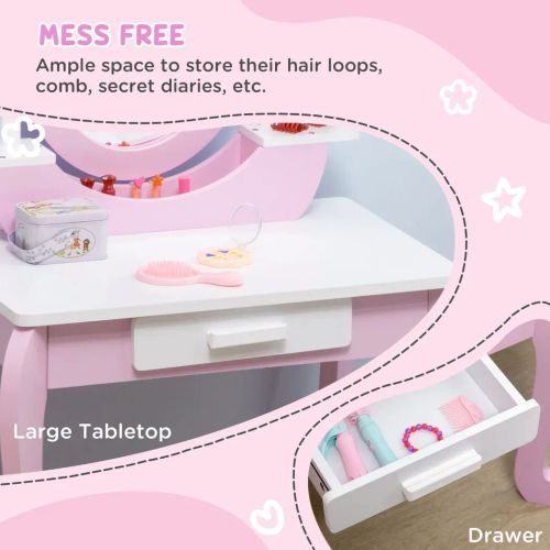 Kids Dressing Table with Mirror and Stool with Drawer for 3-6 Years Old, Pink - Samanta Factory