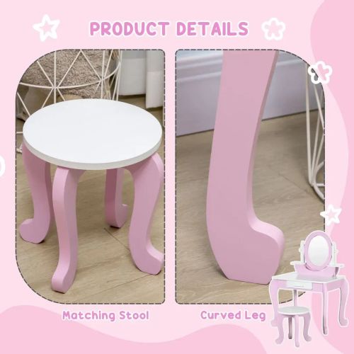 Kids Dressing Table with Mirror and Stool with Drawer for 3-6 Years Old, Pink - Samanta Factory
