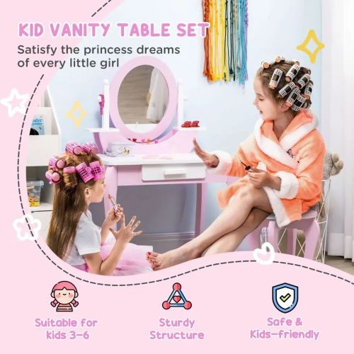 Kids Dressing Table with Mirror and Stool with Drawer for 3-6 Years Old, Pink - Samanta Factory
